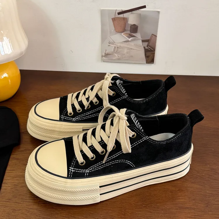 黑色低帮时尚青春潮流厚底增高系带港风新款百搭学院小众休闲板鞋