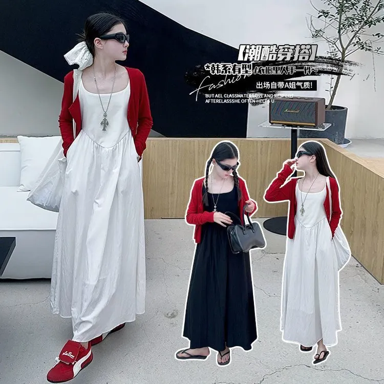 女童连衣裙夏季儿童公主裙中大童开衫两件套网红吊带长裙亲子装潮