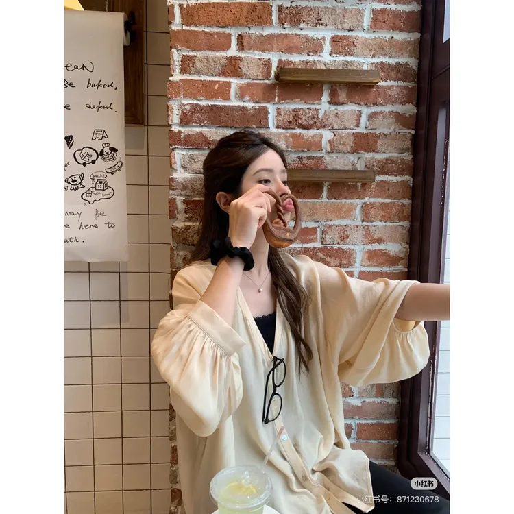 FRVXO露思同款 韩系慵懒风V领长袖防晒雪纺衫夏季新款宽松休闲T恤