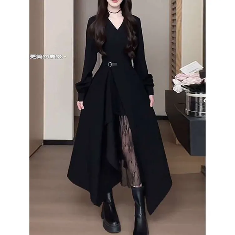 松本设计感领衬衫拼接不规则连衣裙女秋季纯欲风蕾丝长裙子丧丧