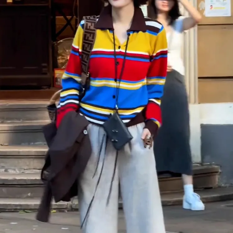 大码女装秋季2025新款撞色条纹长袖针织衫胖mm好看气质上衣针织女