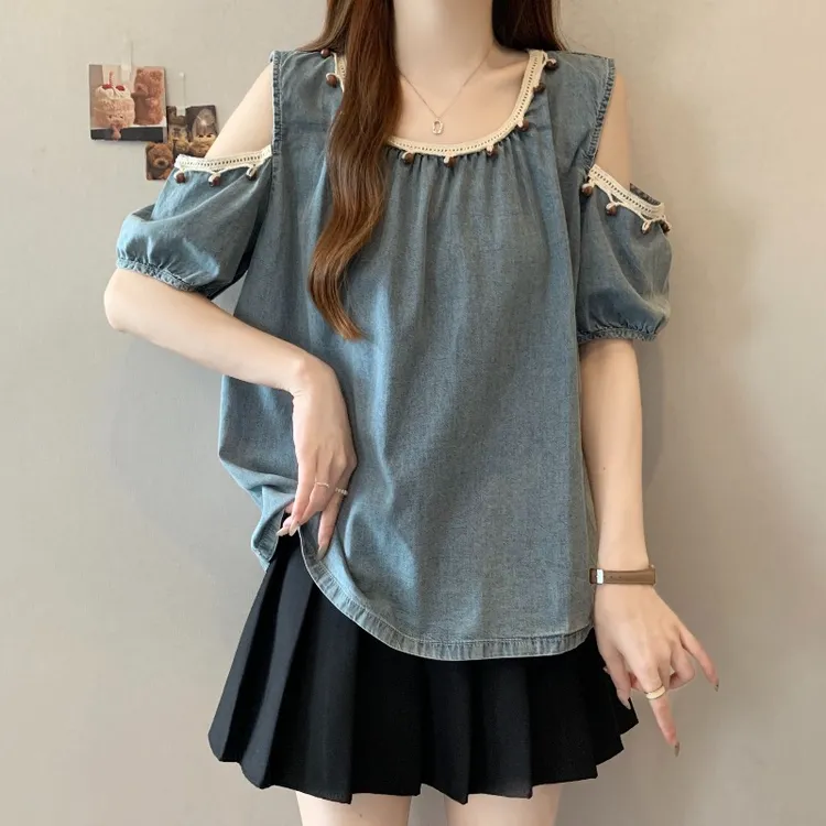 大码法式设计感露肩短袖牛仔衬衫女夏季胖MM宽松显瘦百搭洋气上衣