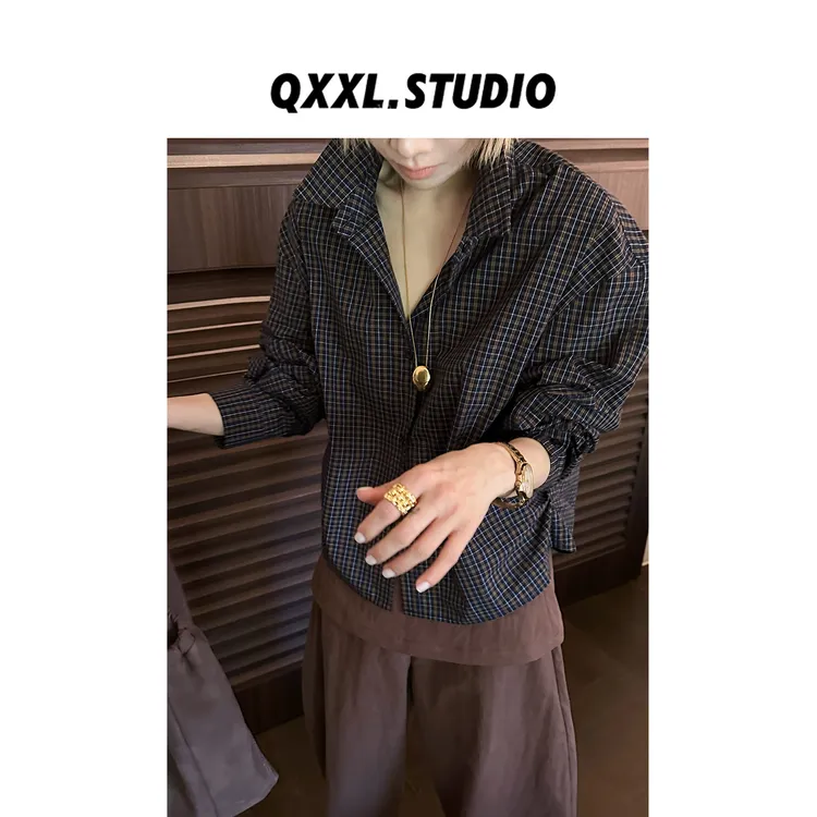 邱小小丽呀 早秋复古格子翻领衬衫女宽松休闲薄款单排扣衬衣外套