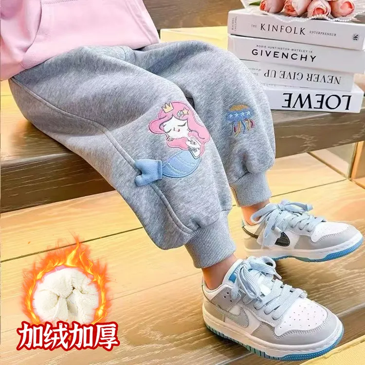 儿童裤子加绒2025新女童卡通水母鱼尾刺绣春款卫裤学生外穿长裤