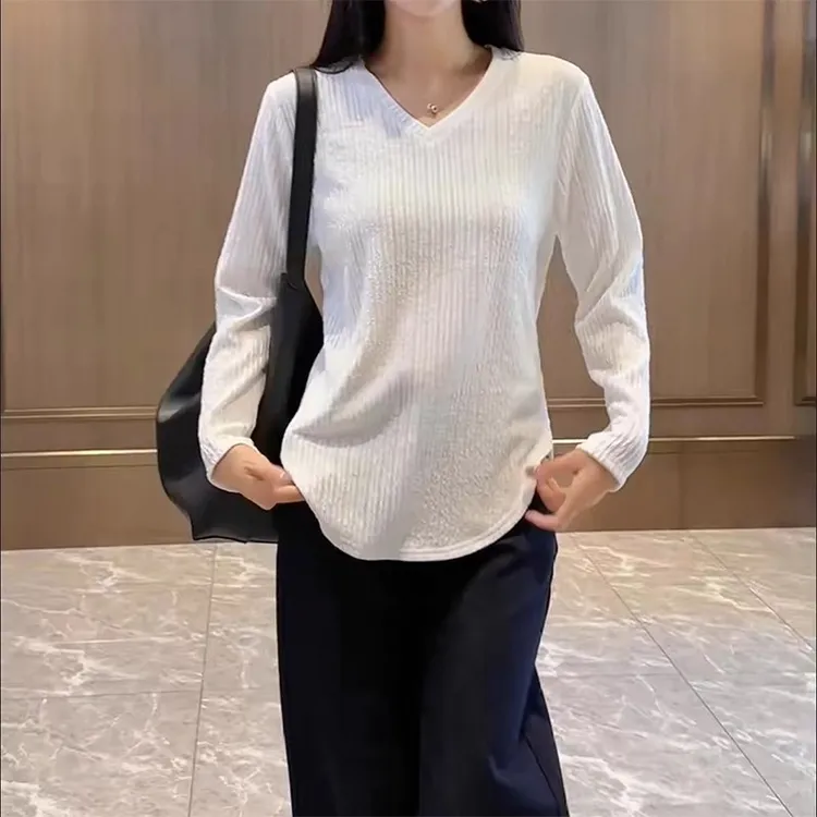 韩系百搭简约V领长袖T恤秋冬新款胖MM大码女装时尚洋气设计感上衣