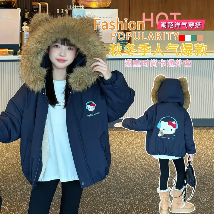 女孩加绒加厚棉衣印花萌猫毛领中兔毛加绒加厚女童冬季派克服