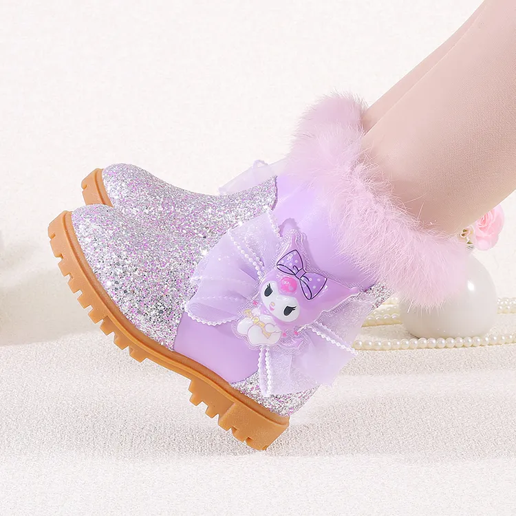 Maoergang/猫尔港女童紫色库洛米短靴儿童冬季加绒保暖兔毛公主靴