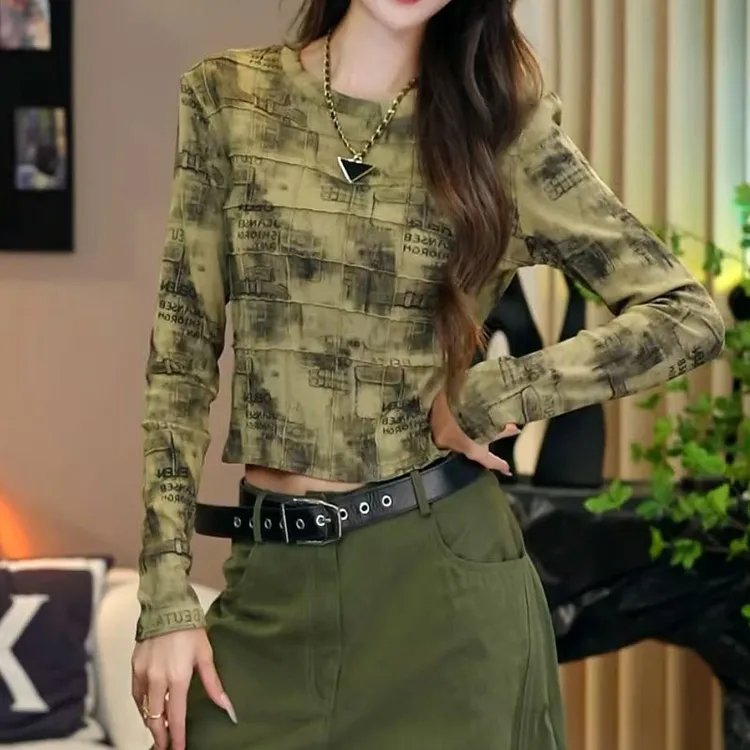 早秋迷彩圆领立体格纹扎染设计修身显瘦长袖上衣时尚百搭正肩秋季