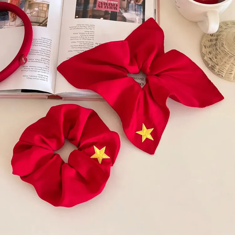 红色五角星方巾大肠发圈女国风喜庆扎头发绳日常通勤丸子头绳发饰