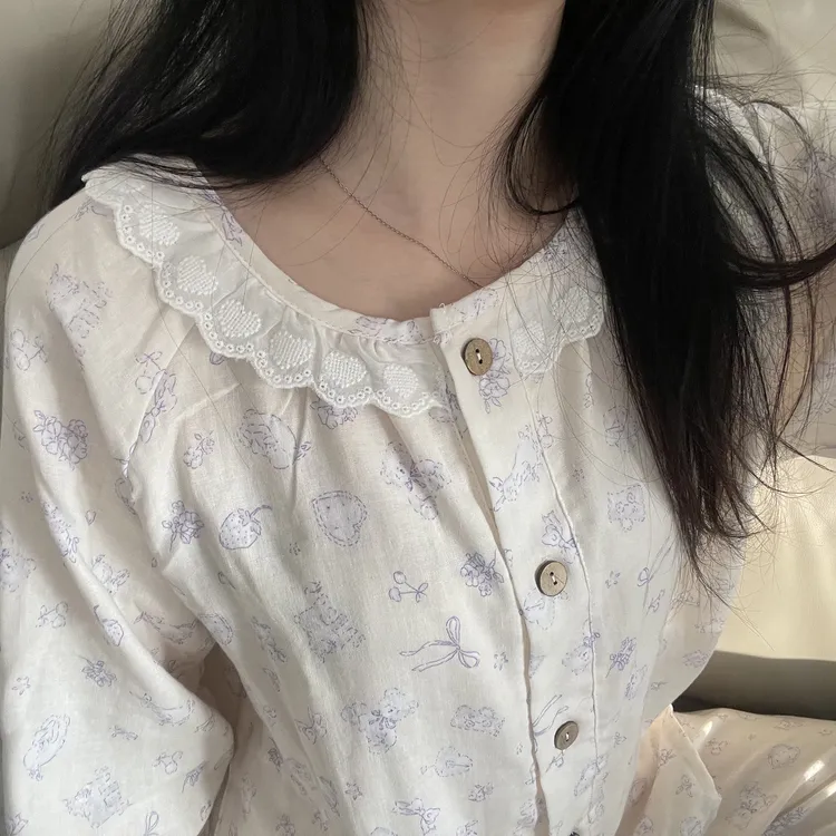 100%全棉双层棉纱小熊睡衣女款春秋长袖可爱卡通家居服套装