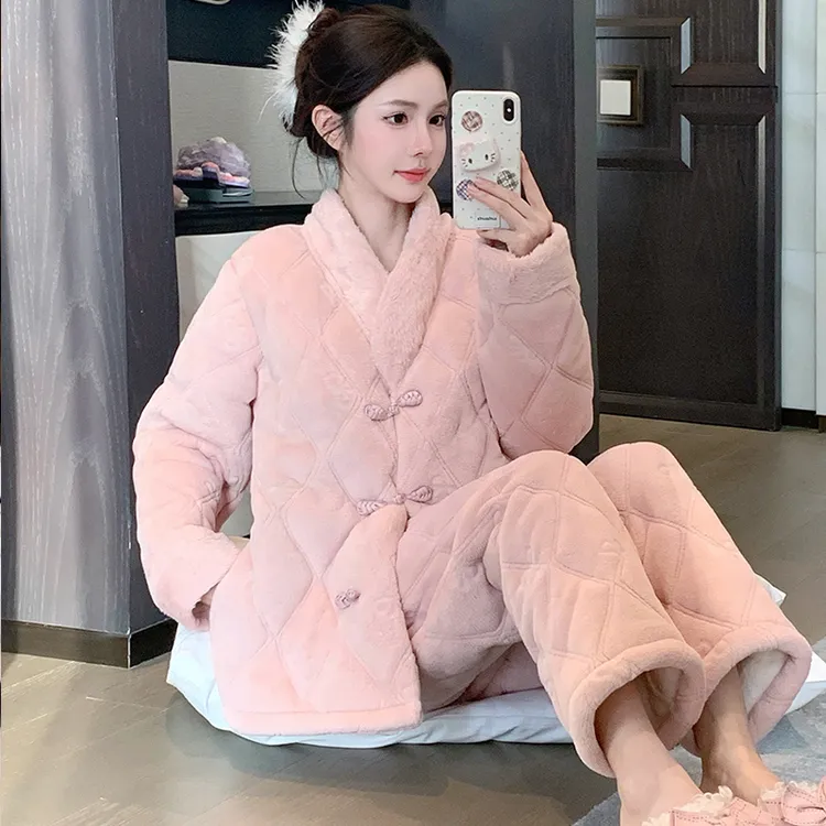 2025新款中式国风睡衣女冬季三层夹棉袄加绒加厚珊瑚绒家居服外穿