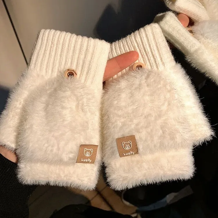 露指可翻盖半指白色毛绒手套女2025年秋冬加厚保暖学生写字骑行LW