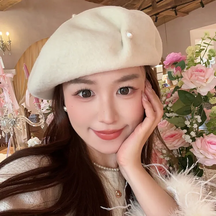 朵澜新品秋冬羊毛贝雷帽大帽兜珍珠画家帽大头围显脸小毛呢帽子