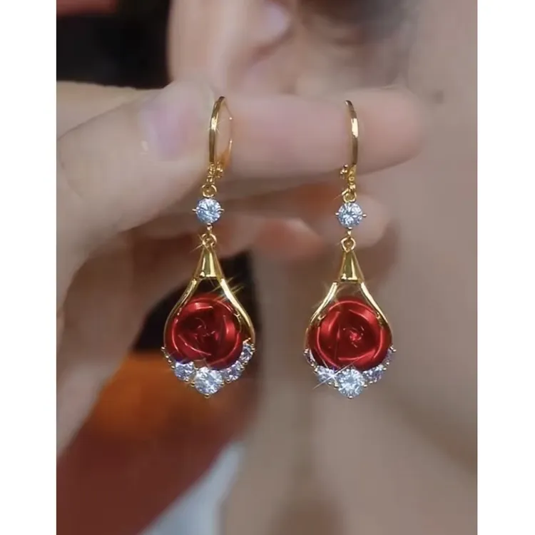 铜合金耳饰 新款轻奢【红玫瑰】精致时尚洋气喜庆百搭耳环0429