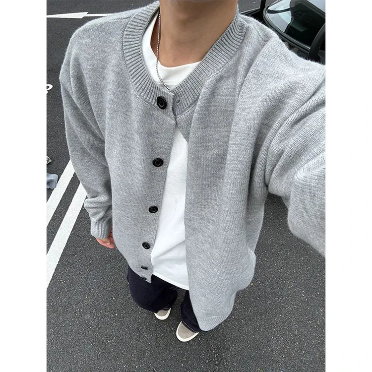 美式圆领针织开衫纯色毛衣外套休闲百搭轻熟宽松复古时尚毛衣上衣