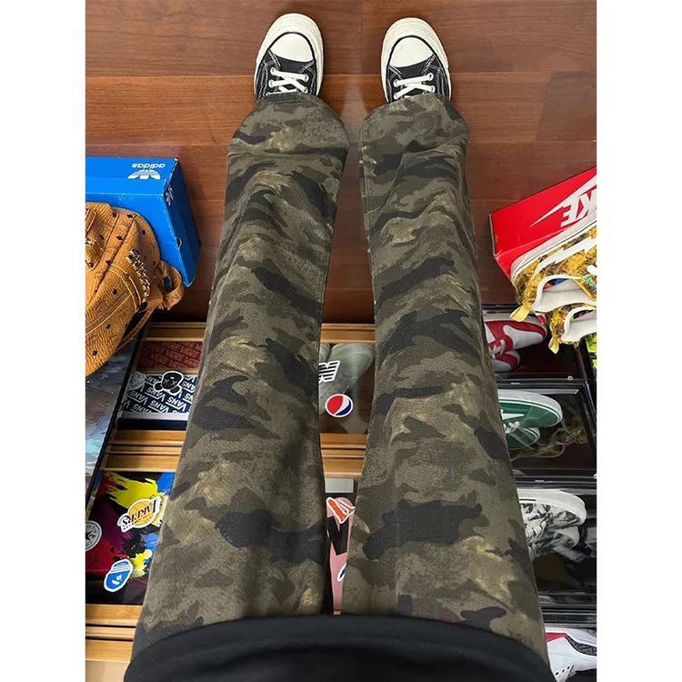 美式复古迷彩裤子男款秋季直筒cleanfit微喇牛仔裤百搭休闲工装裤