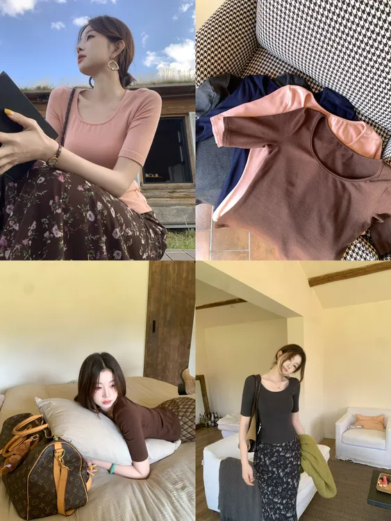 EIA一尧【全员自留t】气质百搭中袖t恤修身显瘦U领ins日常多色上衣