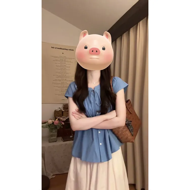 法式复古温柔风两件套装显白蓝色短袖衬衫上衣+夏季新款半身长裙