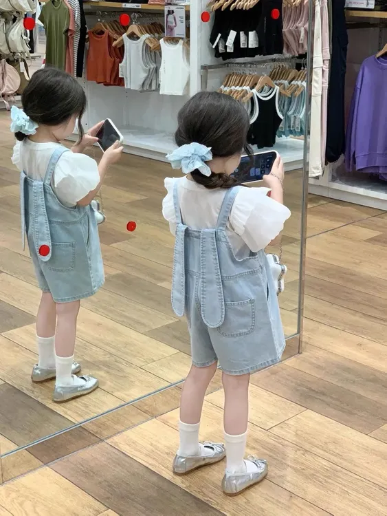 童装女童夏季新款中小童卡通时尚牛仔背带裤T恤套装韩版宽松韩版