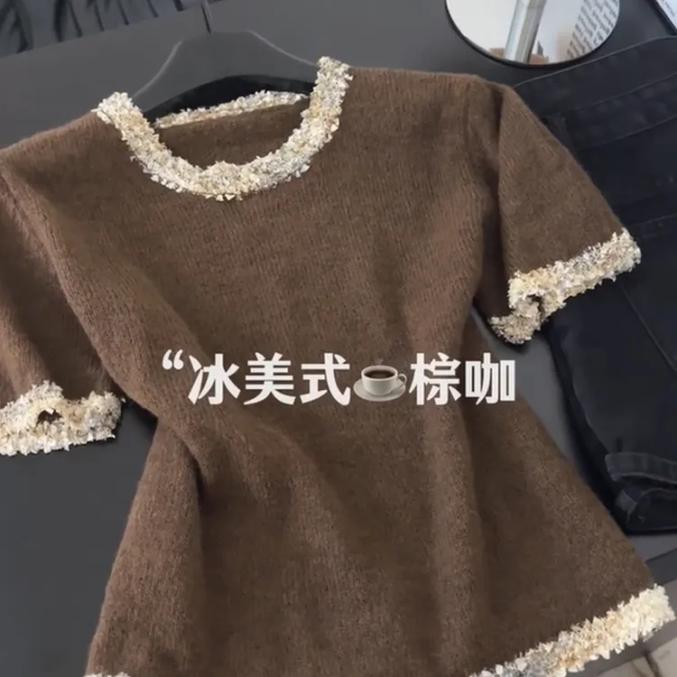 复古撞色花边拼接针织衫女装夏季洋气减龄宽松显瘦独特漂亮上衣