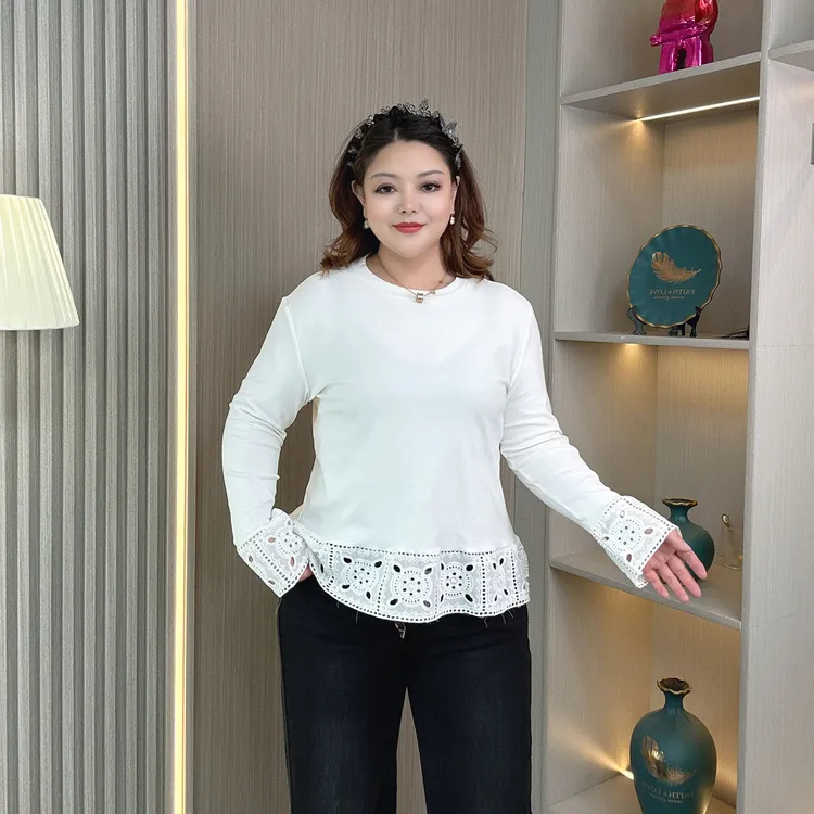 镂空蕾丝刺绣花边拼接长袖T恤大码女装胖mm秋季白色遮肉打底上衣