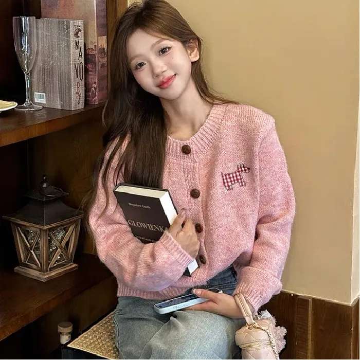 小狗贴布粉色浣熊绒毛衣开衫女秋冬季宽松慵懒风针织外套韩系上衣