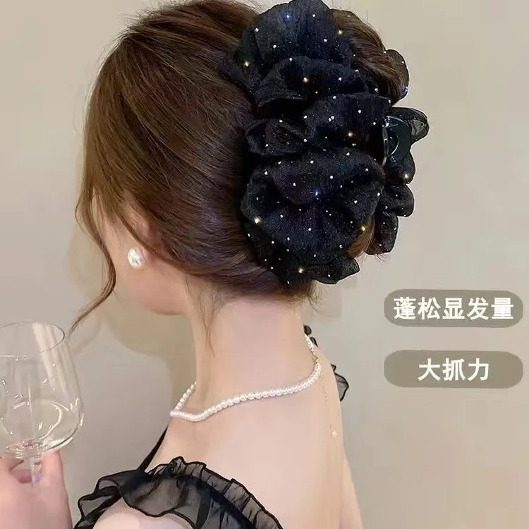 双面网纱云朵泡泡抓夹女在逃公主头蝴蝶结发夹后脑蝴蝶结珍珠抓夹