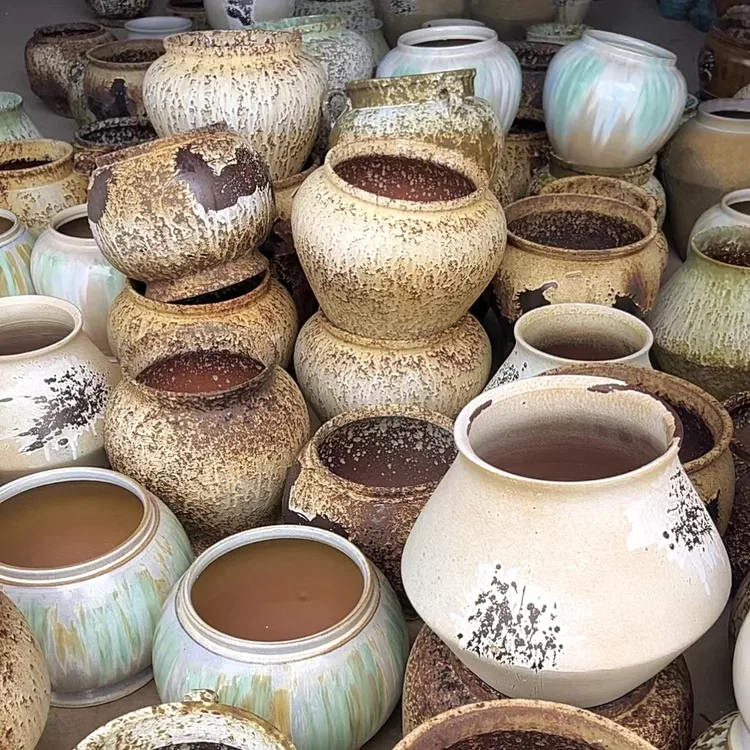 侘寂风创意粗陶罐流泉枫龟背竹陶瓷栀子花复古透气大号花盆多肉盆