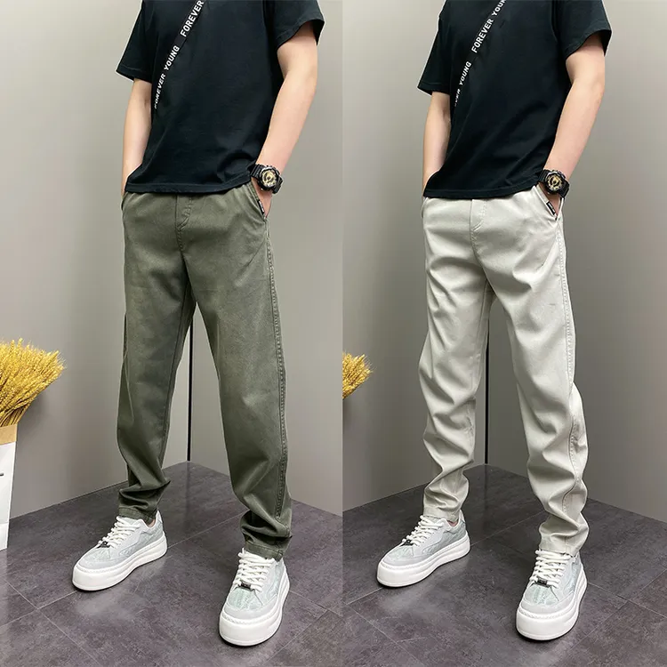 渐变色帅气修身休闲裤男秋季窄版直筒小脚裤痞帅潮牌纯色工装裤子