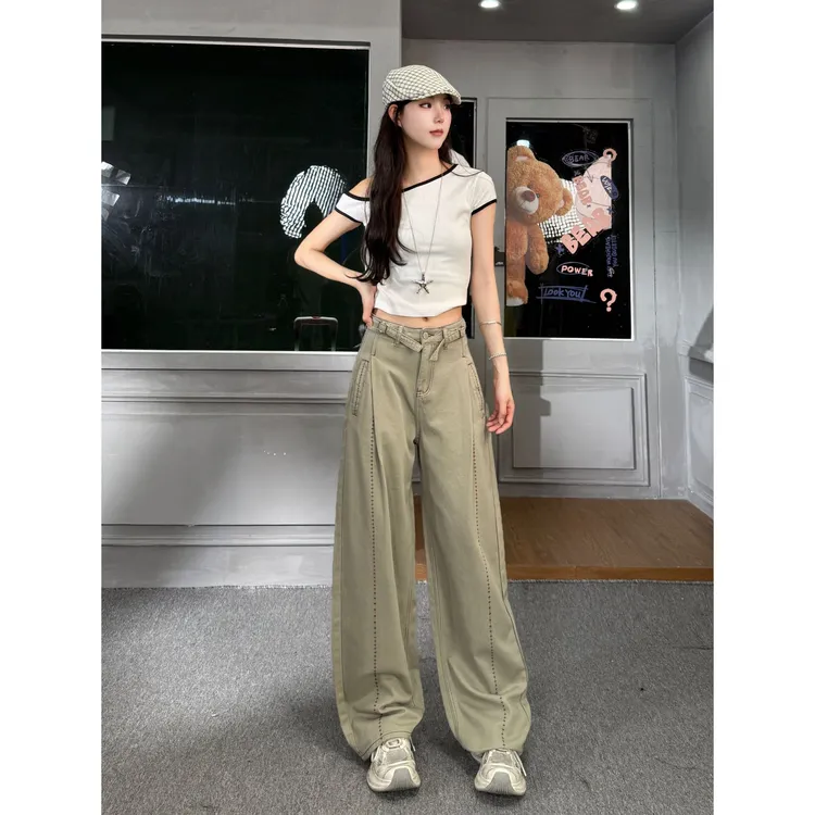 SOOM秋季新款高腰女2025设计感宽松显瘦韩版美式休闲弯刀裤牛仔裤