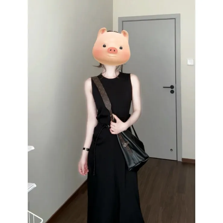 MARIE.COCO法式气质黑色无袖背心连衣裙女高级感收腰开叉鱼尾长裙