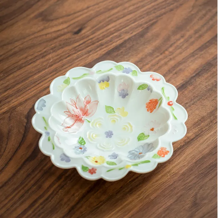 景德镇手绘万福花花边壶承小清新茶壶托茶杯垫高级感陶瓷茶具配件
