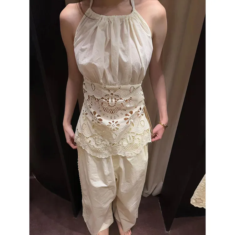 轻熟风性感辣妹设计缕空挂脖无袖背心上衣女高腰松弛感休闲阔腿裤