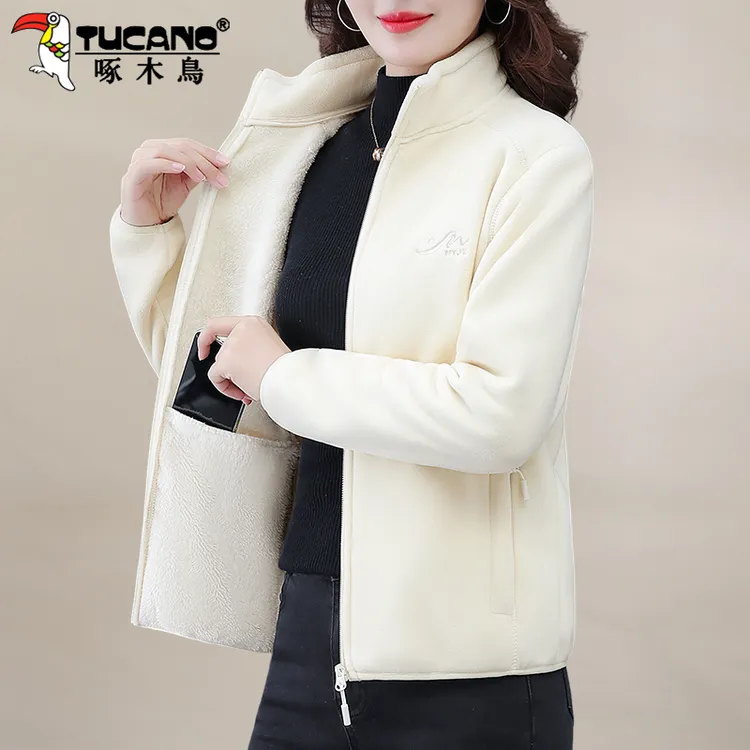 啄木鸟摇粒绒外套女加绒加厚2025新款秋冬时尚抓绒衣宽松立领上衣