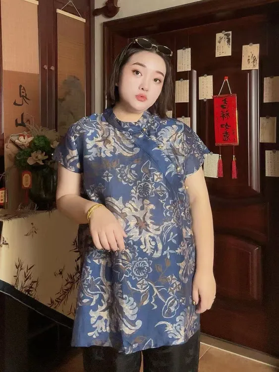 格格大码1181衬衫新款透气薄款印花立领复古国风盘扣新中式上衣