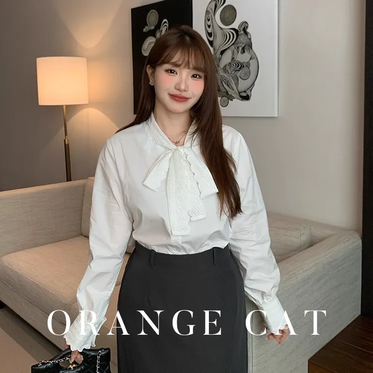 小橘是只猫韩系蕾丝花边绑带蝴蝶结长袖大码白衬衫宽松正肩衬衣女