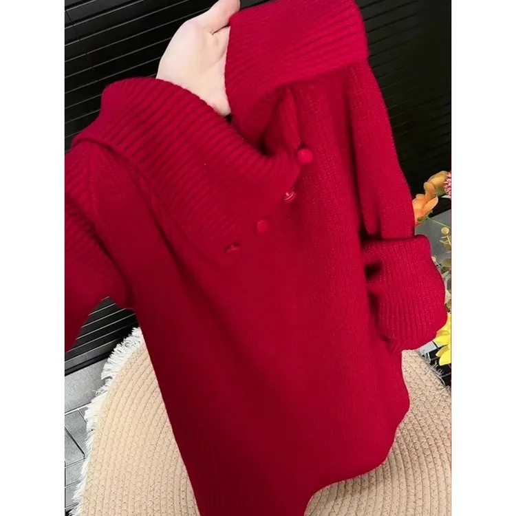 2025高级感别致独特小众设计欧货休闲洋气红色针织上衣秋冬季女