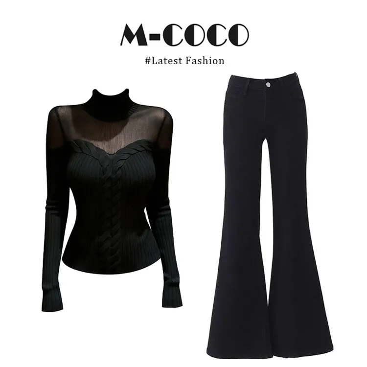 气质纯欲半高领微透拼接麻花针织衫女显高显瘦微喇休闲裤