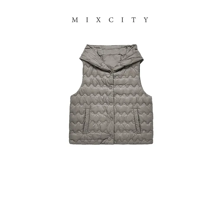 【MIXCITY亚楠家】人手一件◆白鸭绒波浪纹连帽马甲羽绒6319
