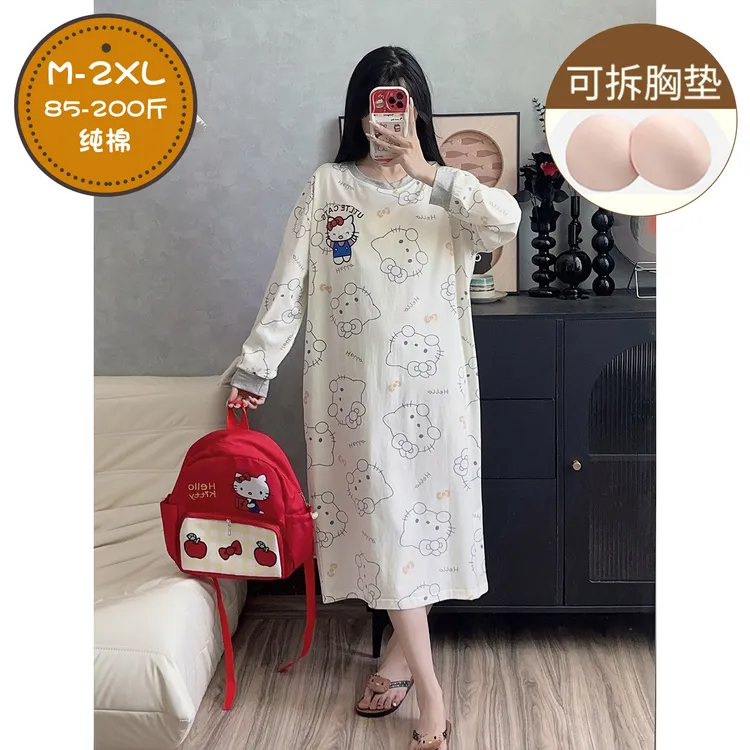 大码带胸垫睡裙女春秋季长袖纯棉胖MM睡衣可爱风KT猫少女家居服