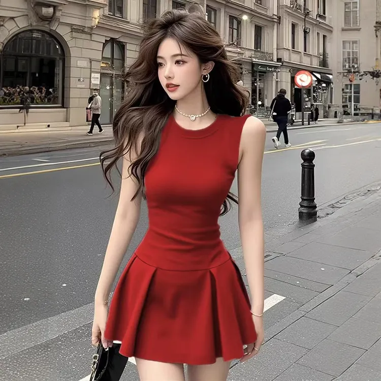 夏季新款圆领无袖红色连衣裙收腰显瘦气质优雅风A字裙辣妹风裙子