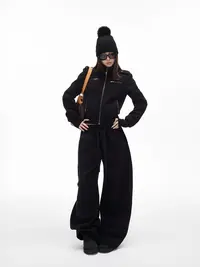 【野性代码】设计感小众黑色肩袢摇粒绒短外套女抽绳阔腿休闲裤