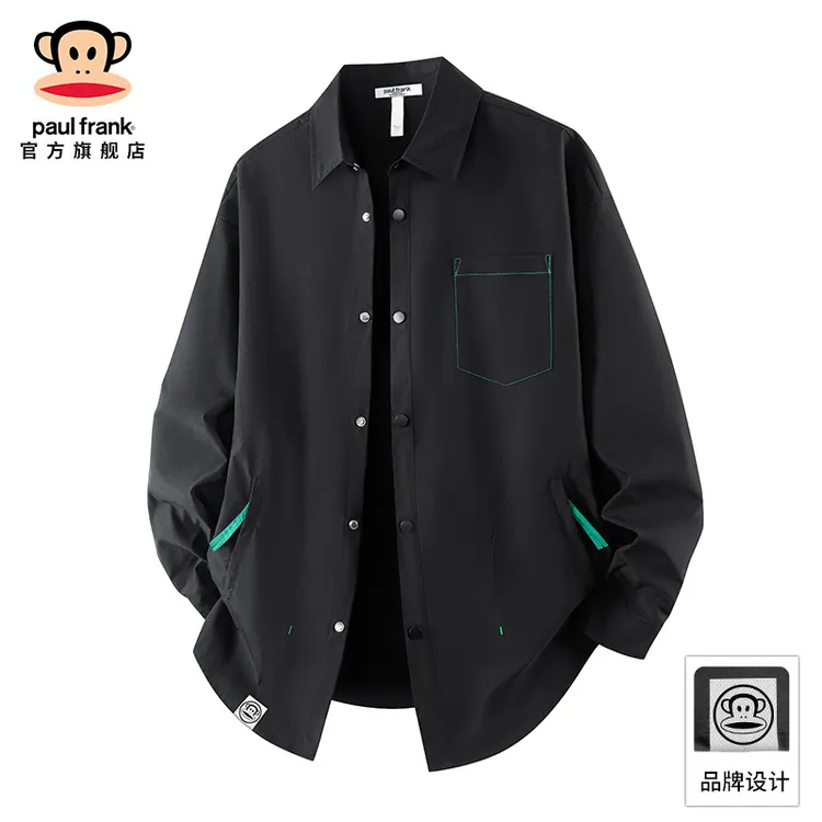 PaulFrank/大嘴猴潮牌黑色长袖衬衫男士秋季新款宽松翻领衬衣外套