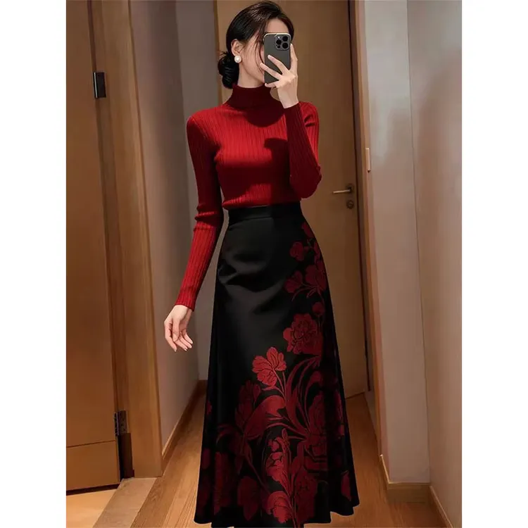 秋冬季新款女装复古轻熟风时尚气质的红色针织毛衣印花半身裙套装