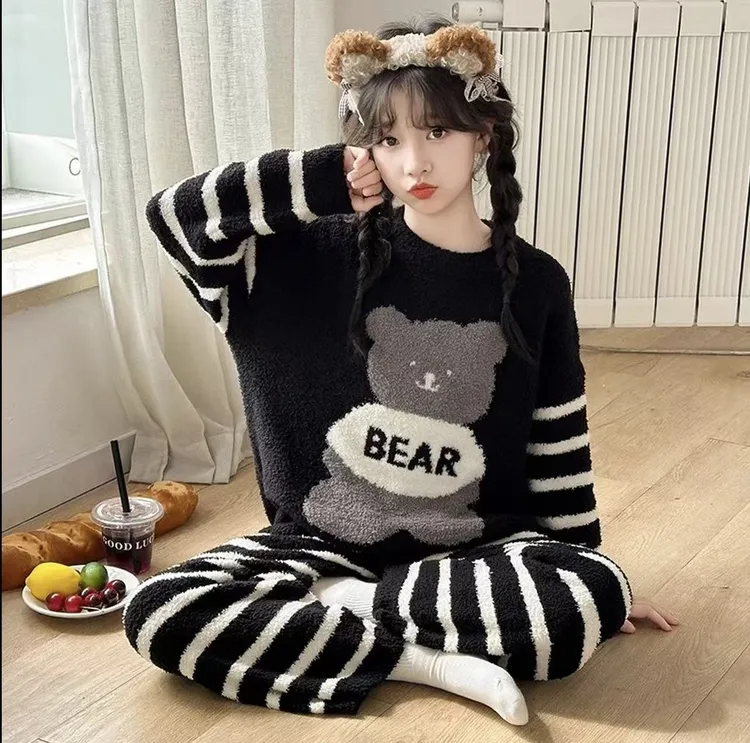 儿童睡衣男女童中大童秋冬保暖加厚女孩半边绒长袖洋气家居服套装