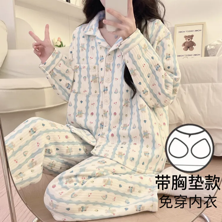 秋冬季空气棉月子服带胸垫孕妇哺乳睡衣加厚款纯棉大码产后喂奶装