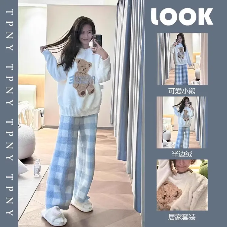 甜美卡通半边绒睡衣女冬季新款加绒圆领套头珊瑚绒保暖家居服套装