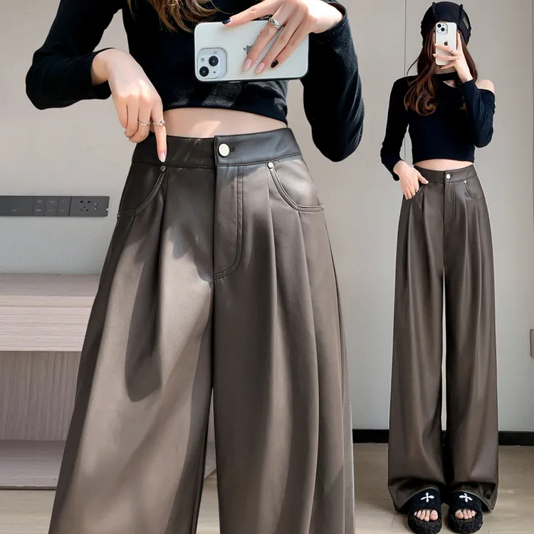 美拉德加绒皮裤女新款秋冬宽松阔腿裤裤子高腰垂感拖地直筒休闲裤