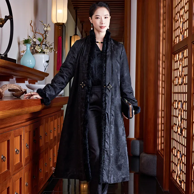 【墨璇】重缎提花香云纱黑色保暖复古中式日常夹棉大衣外套L25691-B