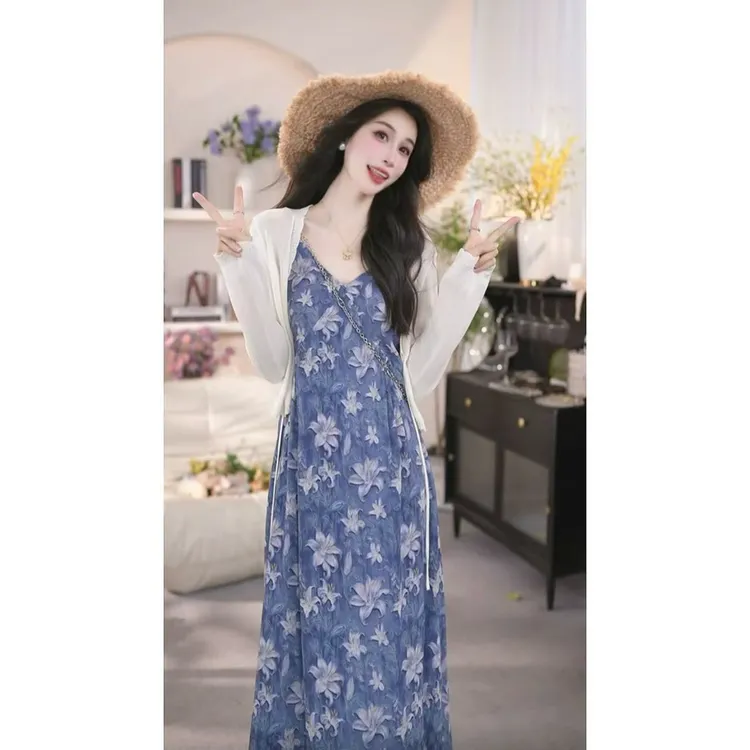 【有口袋】法式高级感花卉碎花蓝色气质夏季时尚中长款连衣裙1504